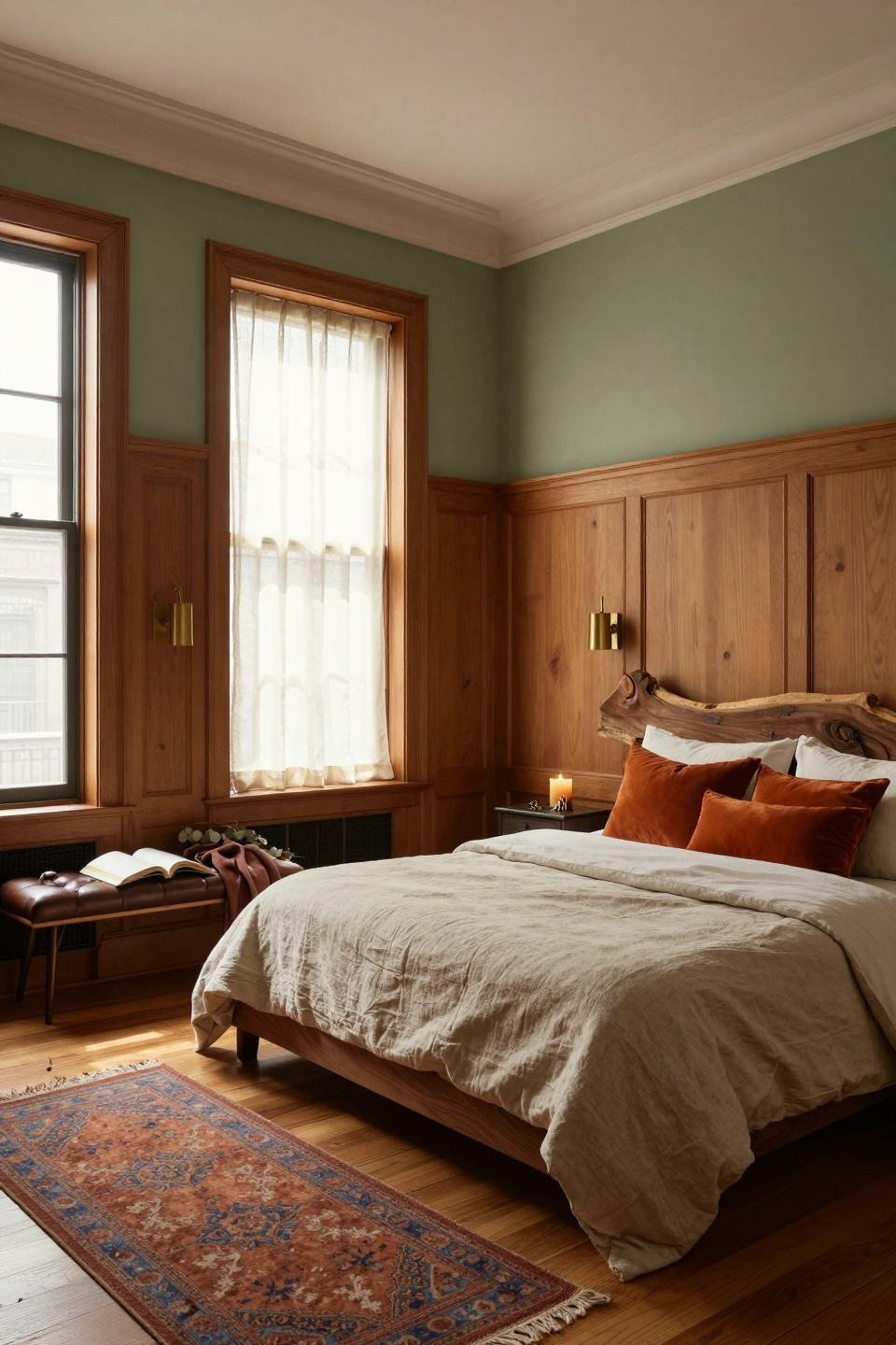 Wainscoting bedroom with two-tone panels and warm oak