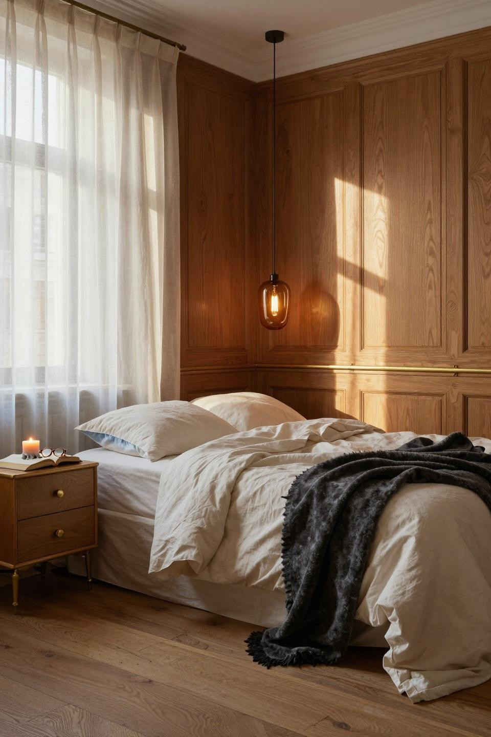 Wainscoting bedroom with vertical oak panels and brass hardware