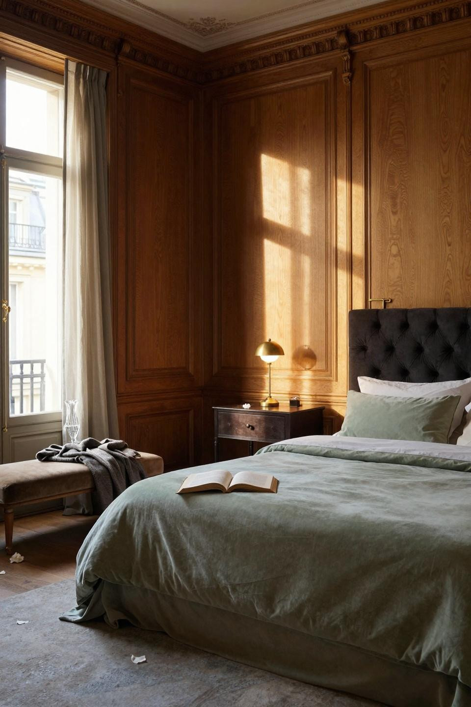 Wainscoting bedroom with oak panels and architectural depth