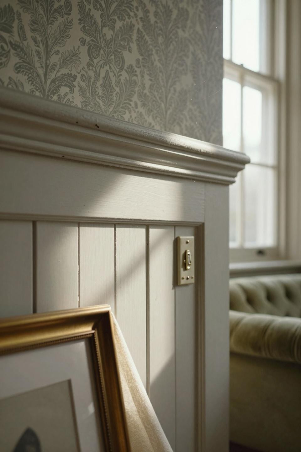 Wainscoting bedroom with vintage details and chalky gray paint