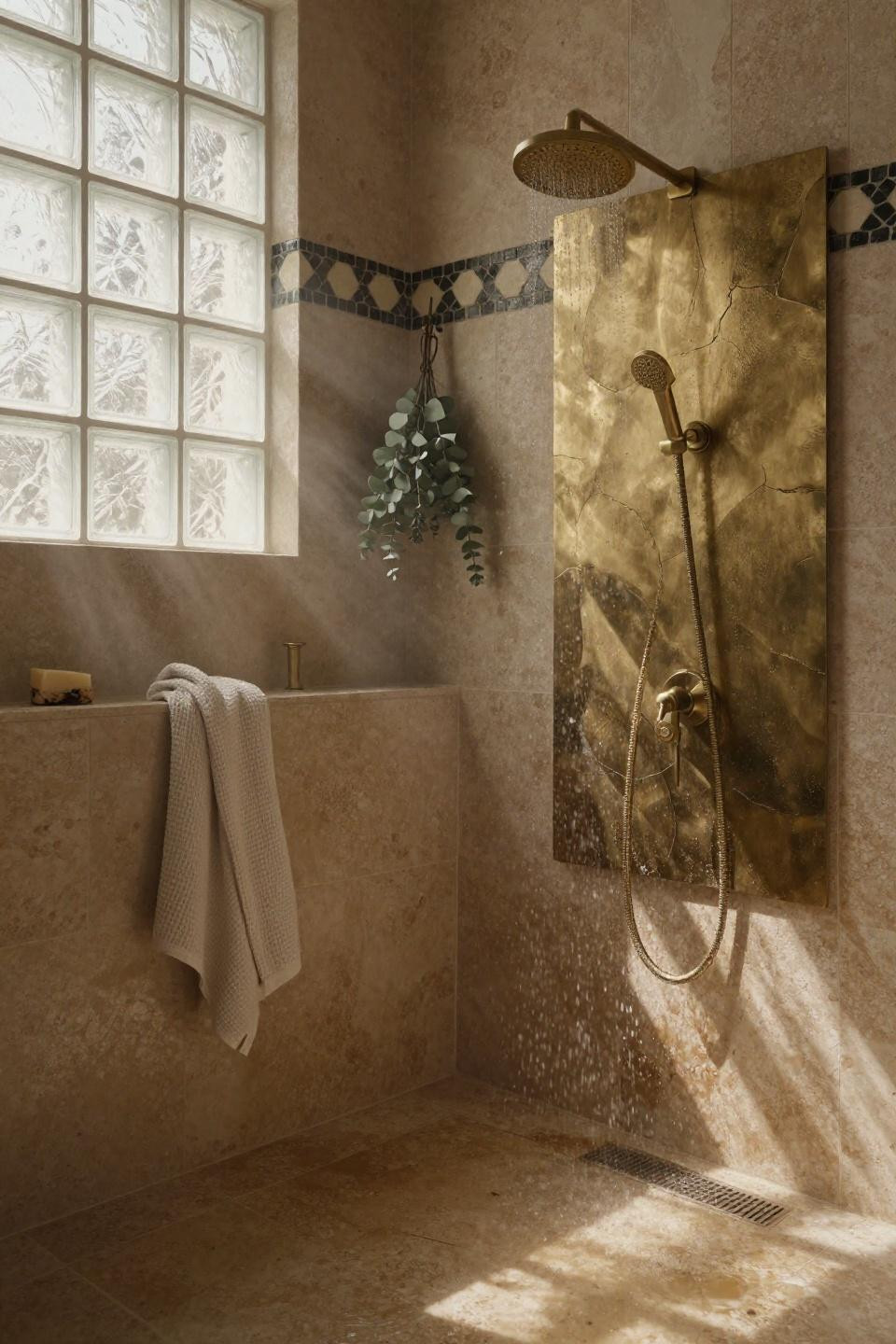 walk in shower with half wall - curved travertine design