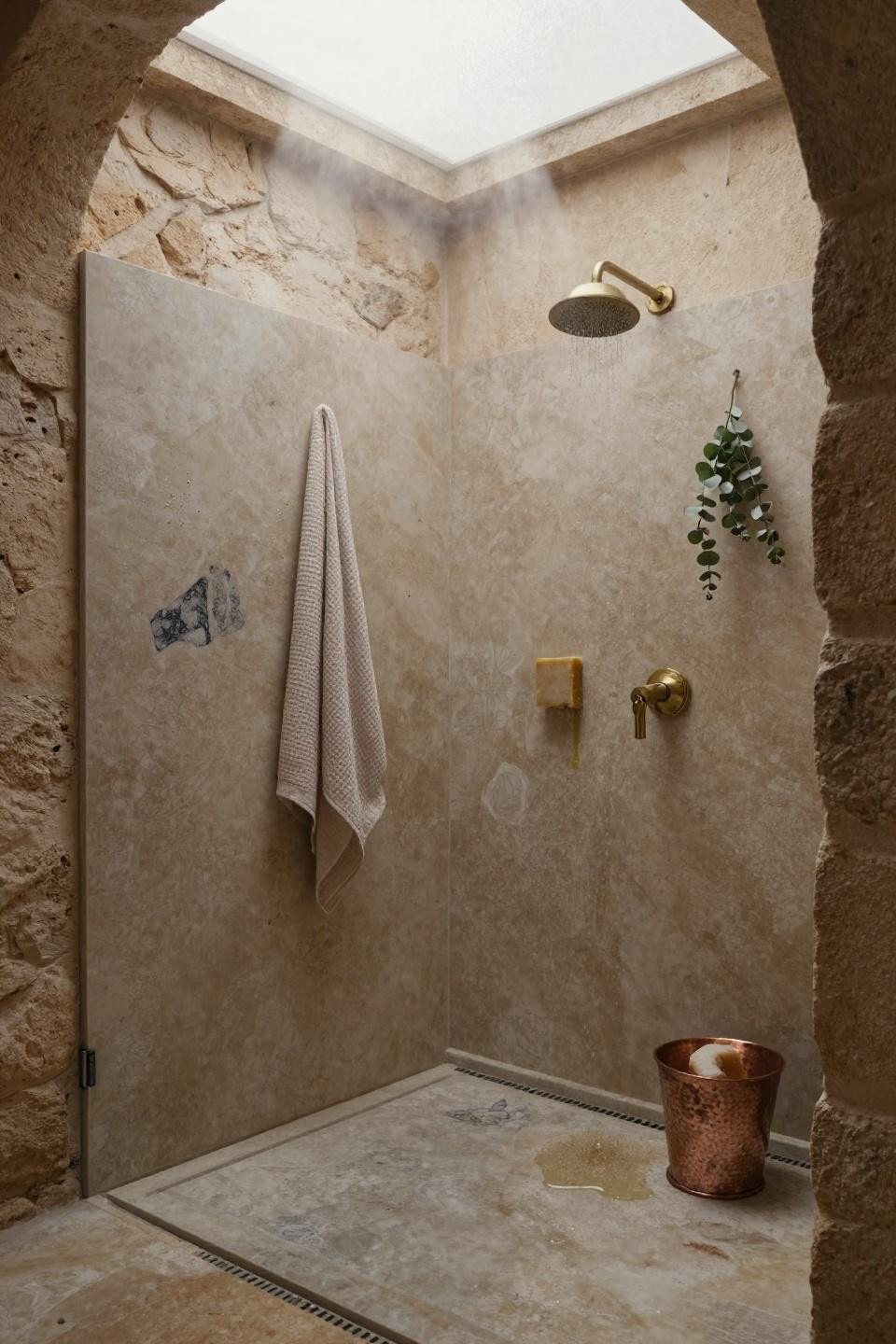 rustic walk in shower ideas - travertine farmhouse
