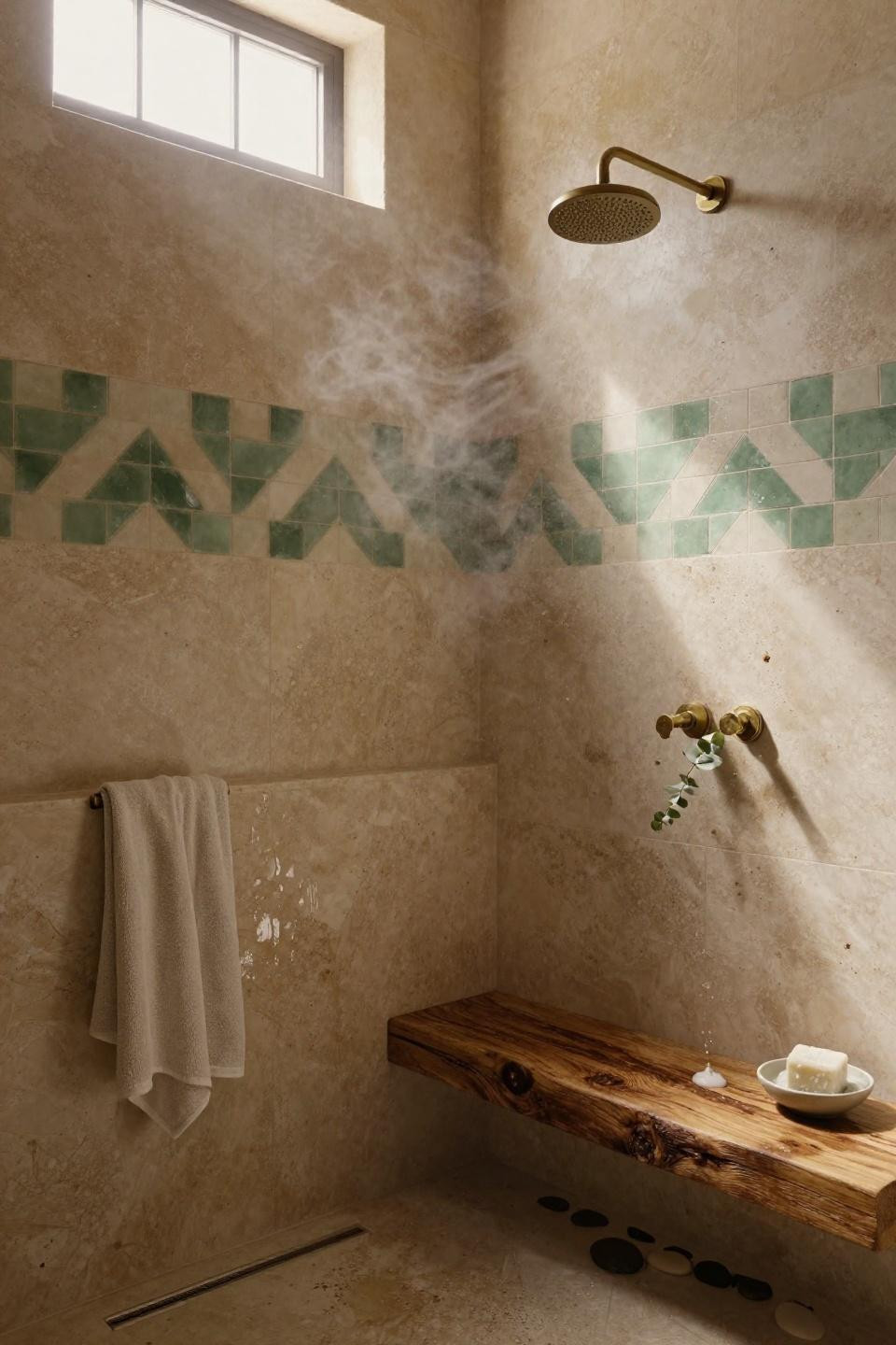 pony wall shower ideas - travertine half wall