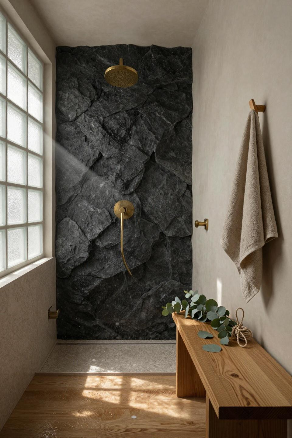 walk in shower with half wall - book matched stone