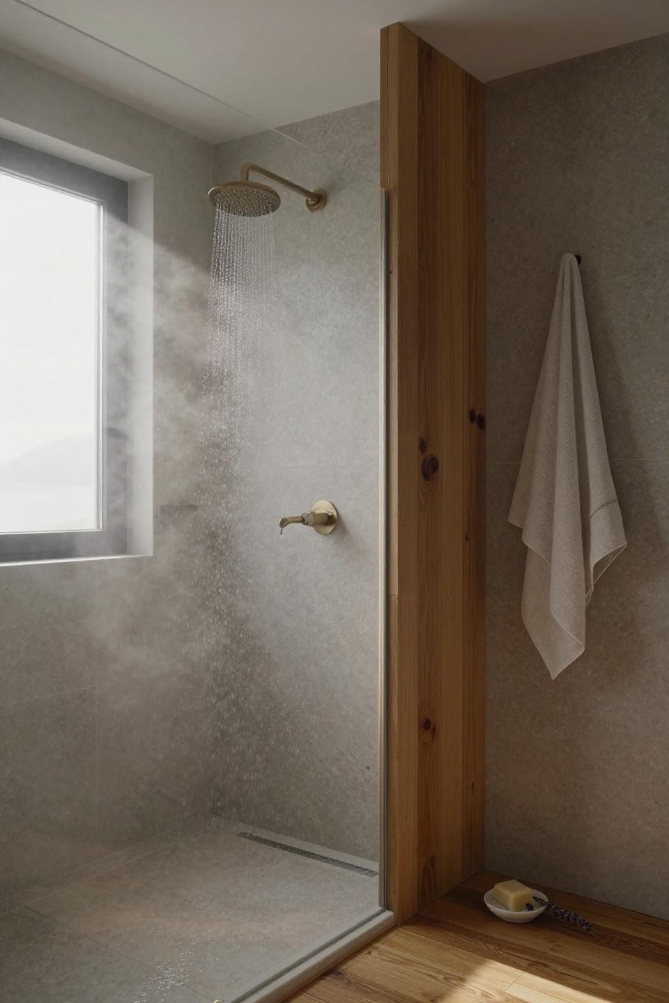 doorless shower design - limestone partition