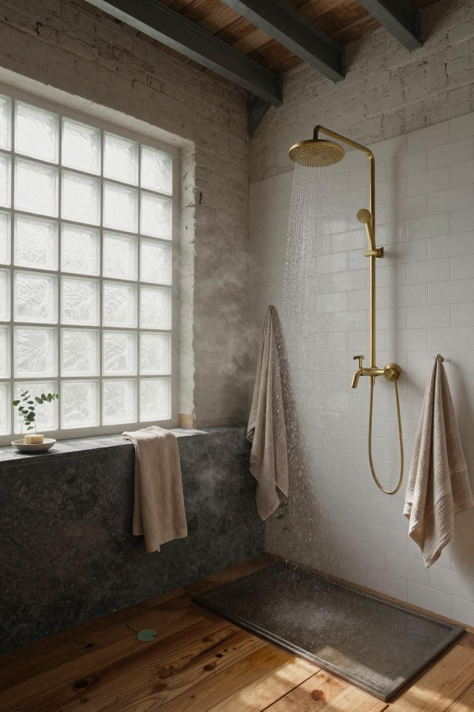 glassless shower walk in - industrial loft brick