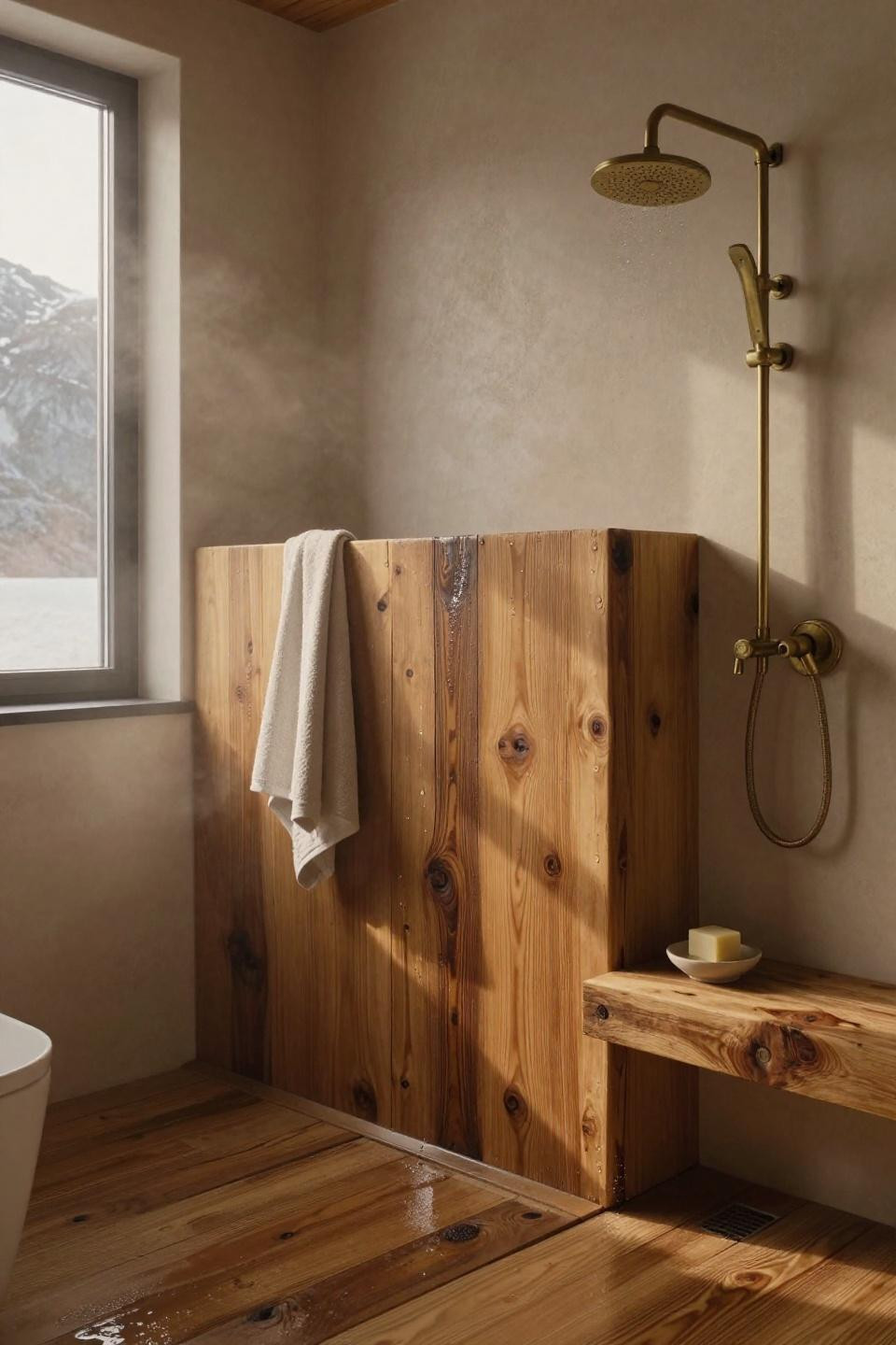 pony wall shower ideas - honey oak partition