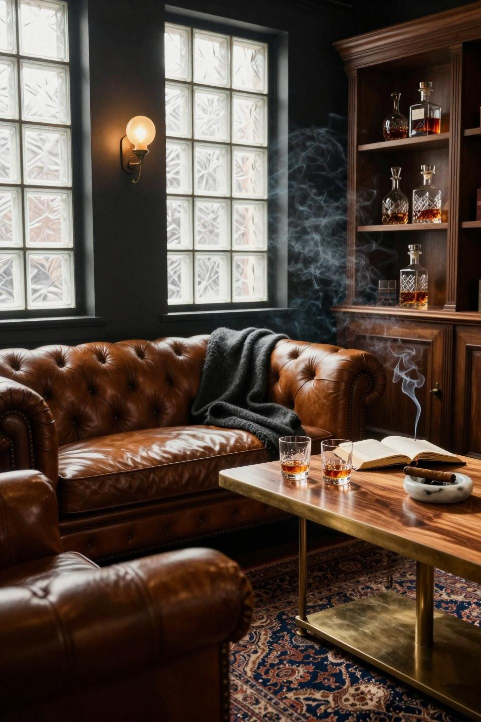 Whiskey Lounge Home from armchair perspective in brownstone basement