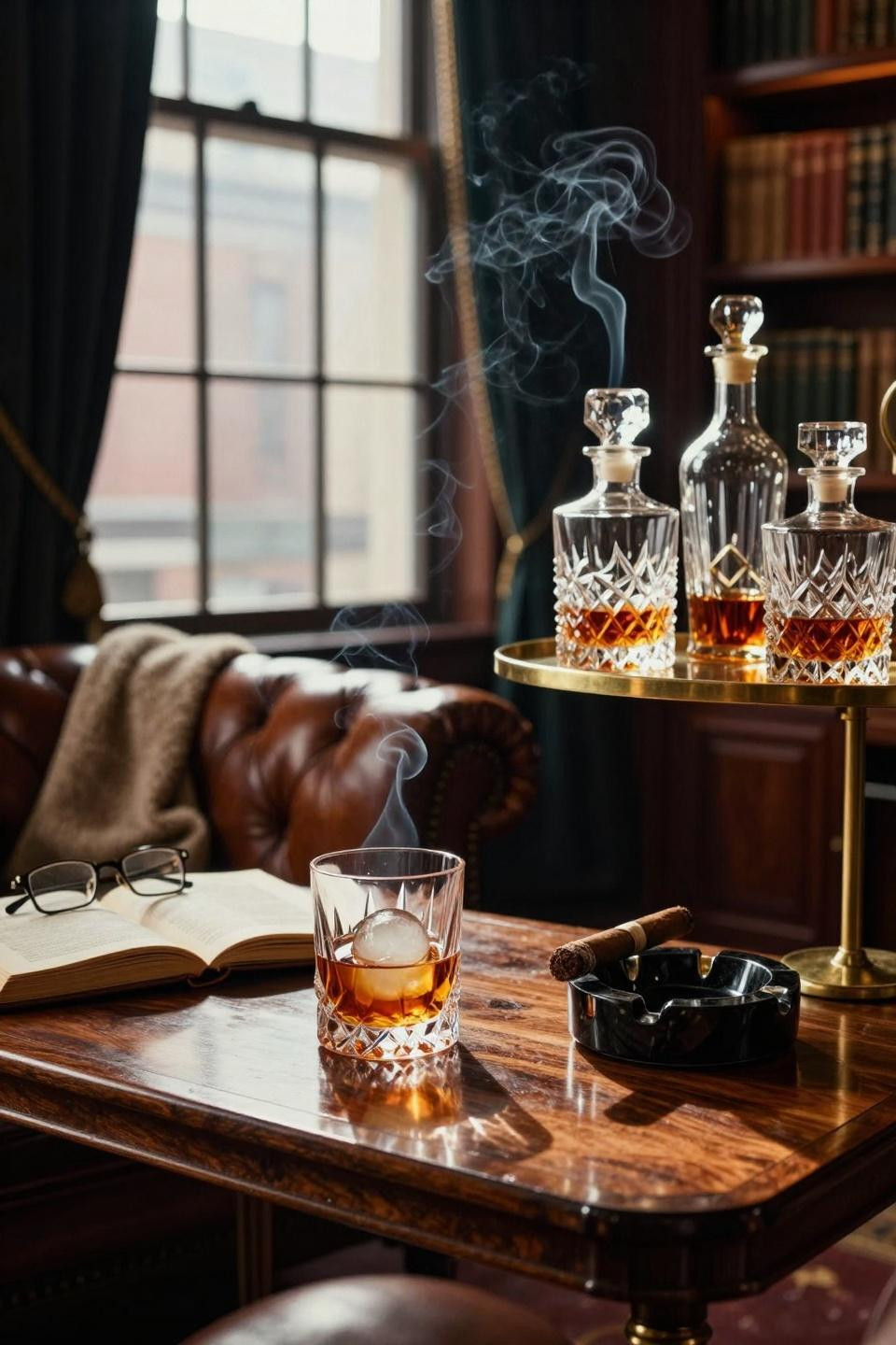 Whiskey Lounge Home featuring carved walnut bar cart and crystal decanters