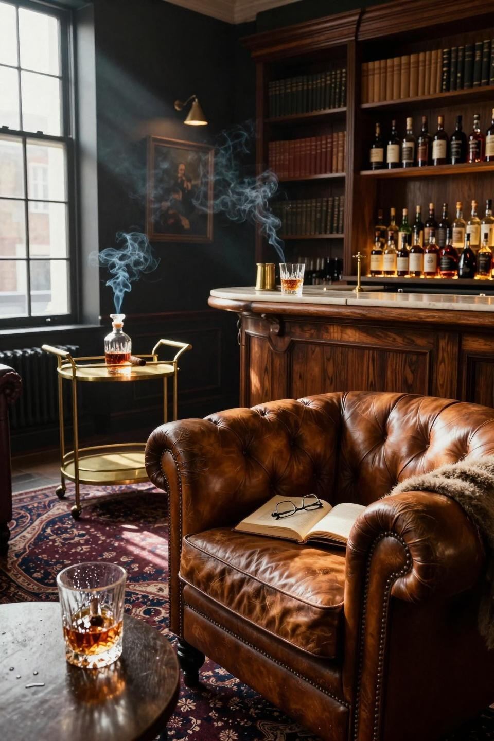 Whiskey Lounge Home in London townhouse with floor-to-ceiling books