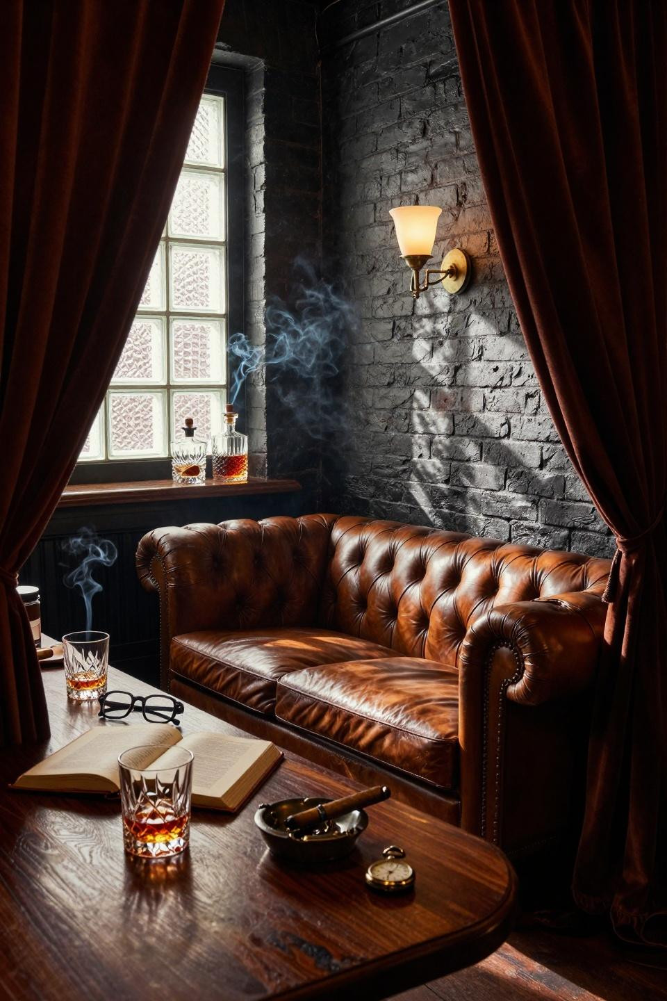 Whiskey Lounge Home viewed through curtains with mahogany bar and brick