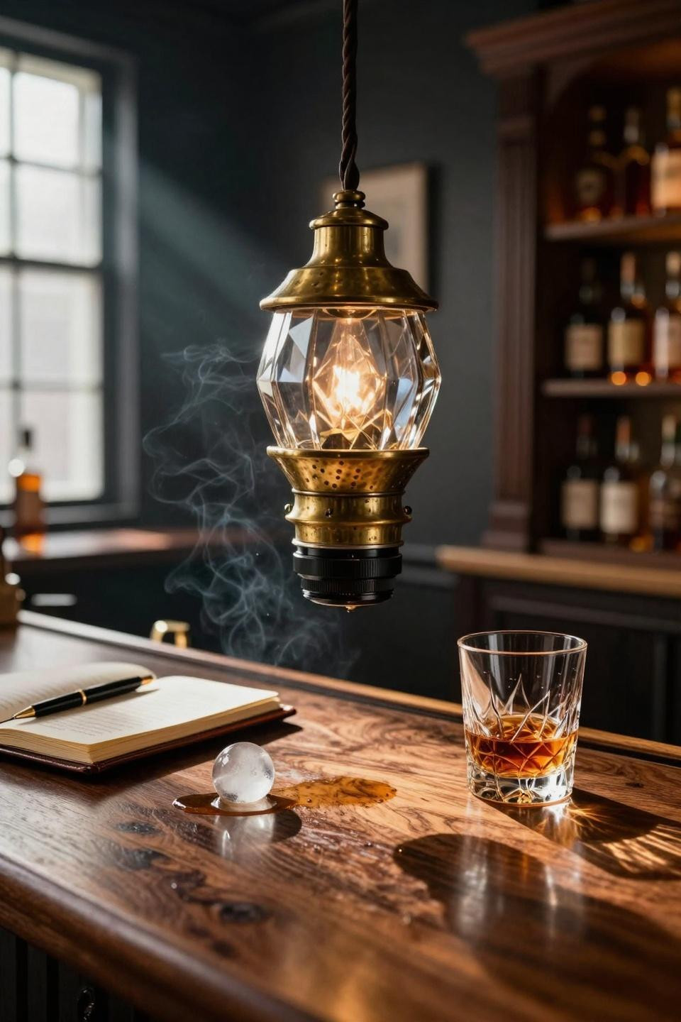 Whiskey Lounge Home detail shot of brass pendant and bar surface