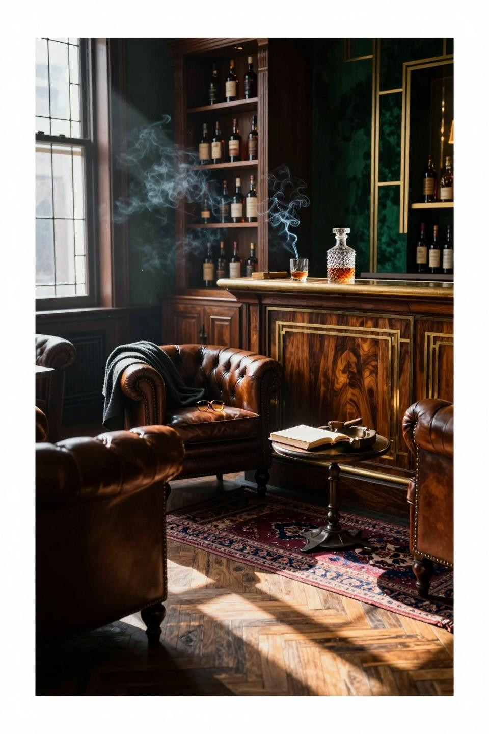 Whiskey Lounge Home with burled walnut bar and geometric Deco inlays