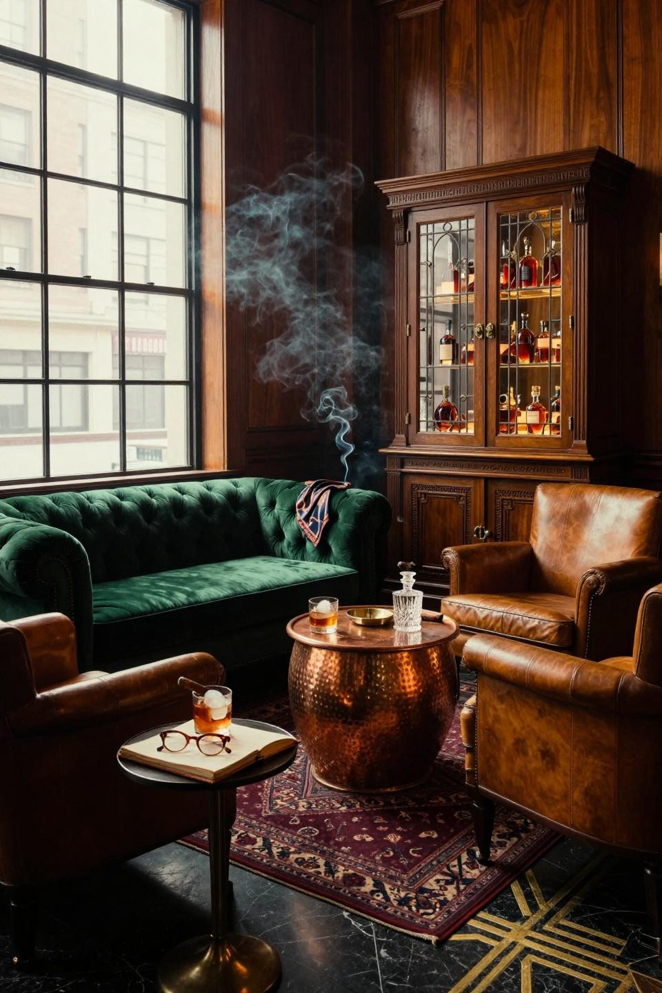 Whiskey Lounge Home in Art Deco penthouse with walnut and copper