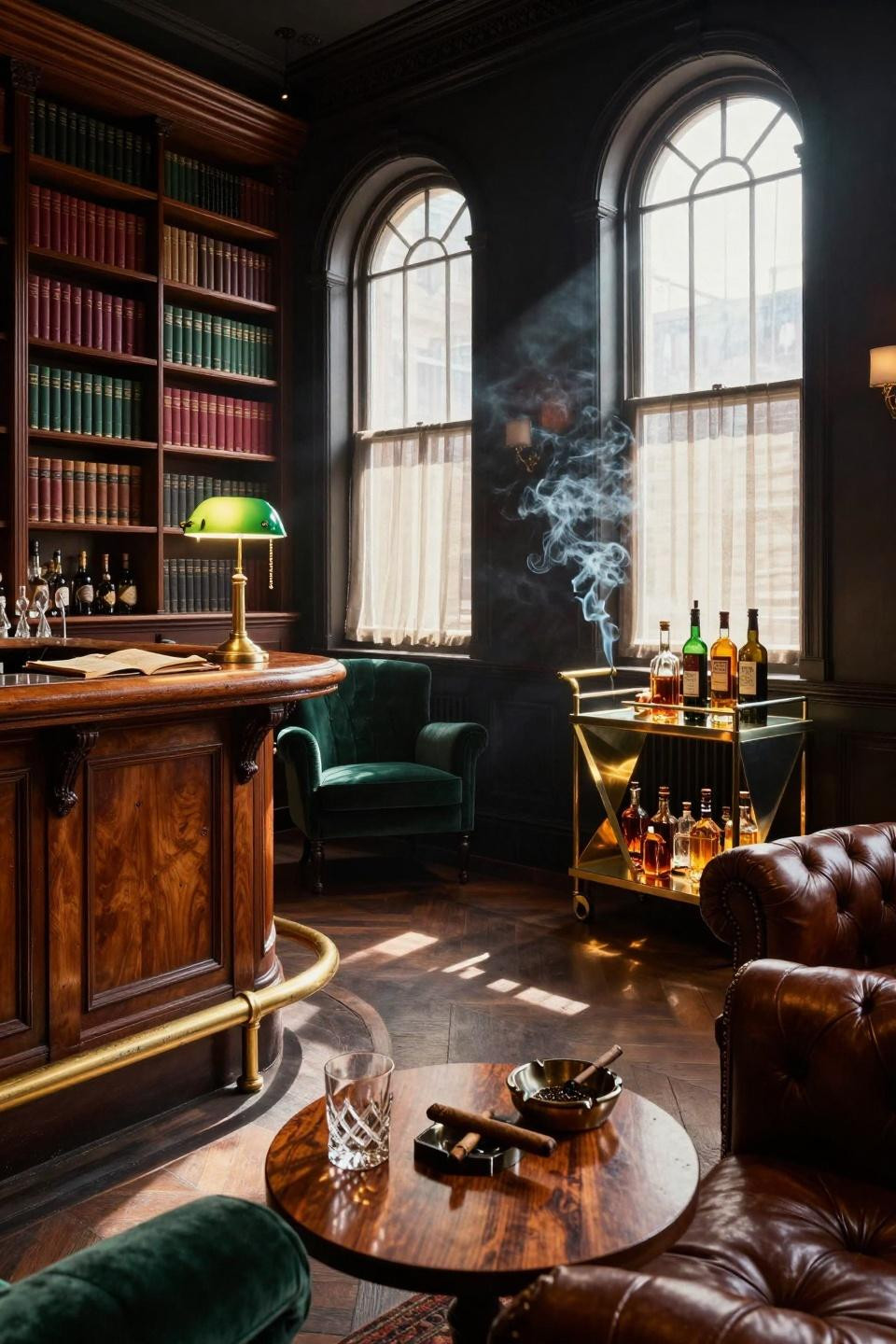 Whiskey Lounge Home with mahogany shelving and geometric bar cart