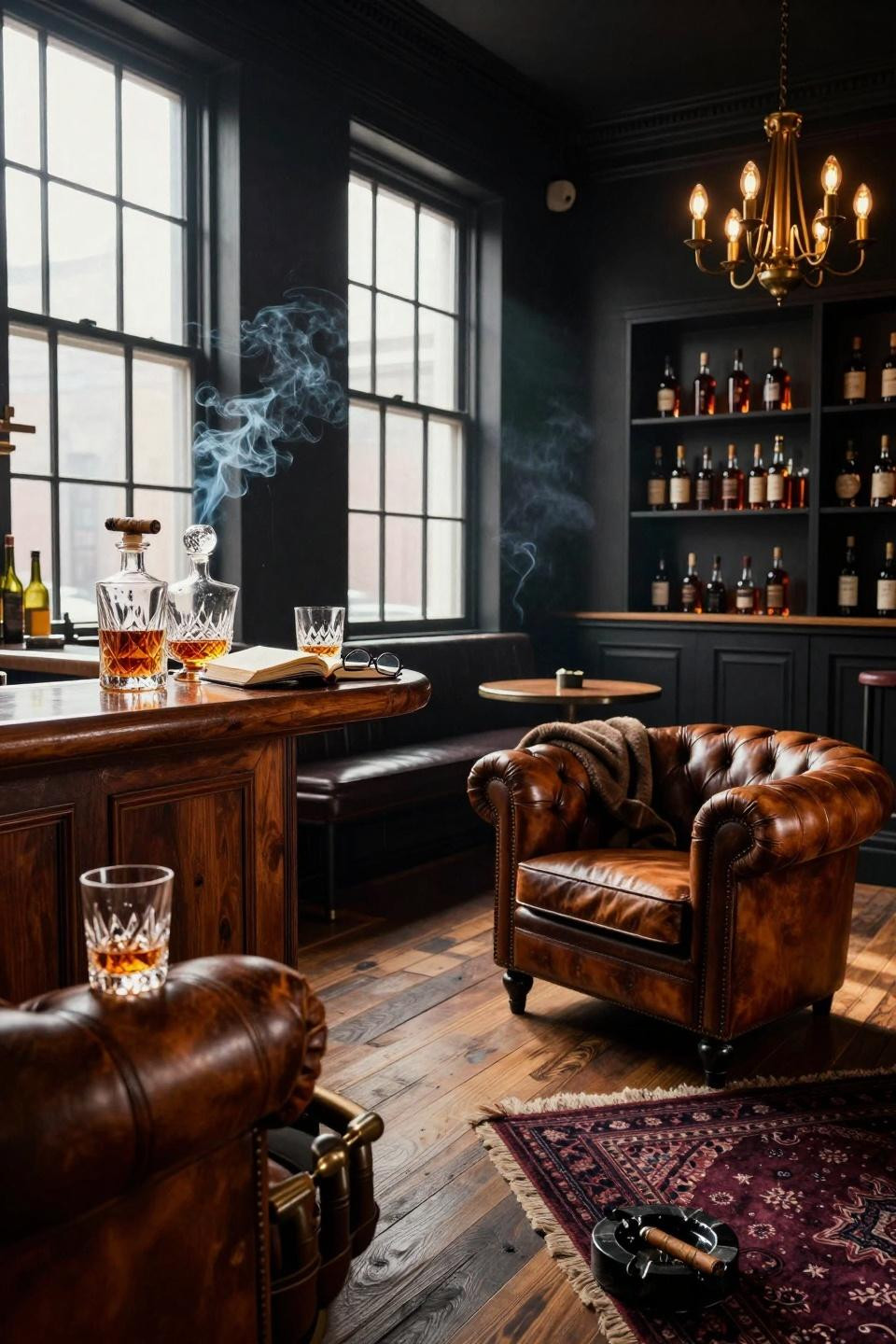 Whiskey Lounge Home with brass chandelier and reclaimed oak floors