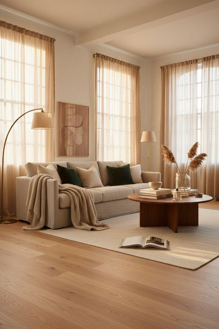 White Oak Hardwood Floors with layered rug and cashmere throw