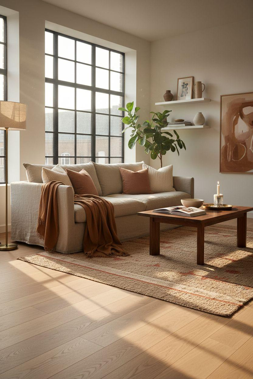 White Oak Hardwood Floors with walnut coffee table and linen sofa