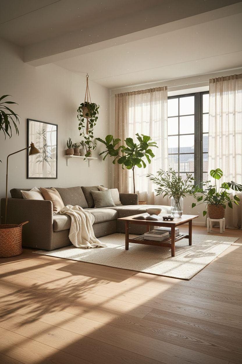 White Oak Hardwood Floors with fiddle leaf fig and plant collection