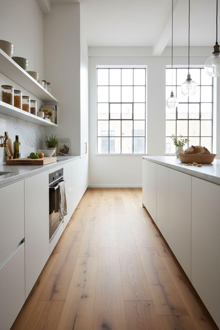 White Oak Hardwood Floors in minimalist kitchen with open shelving