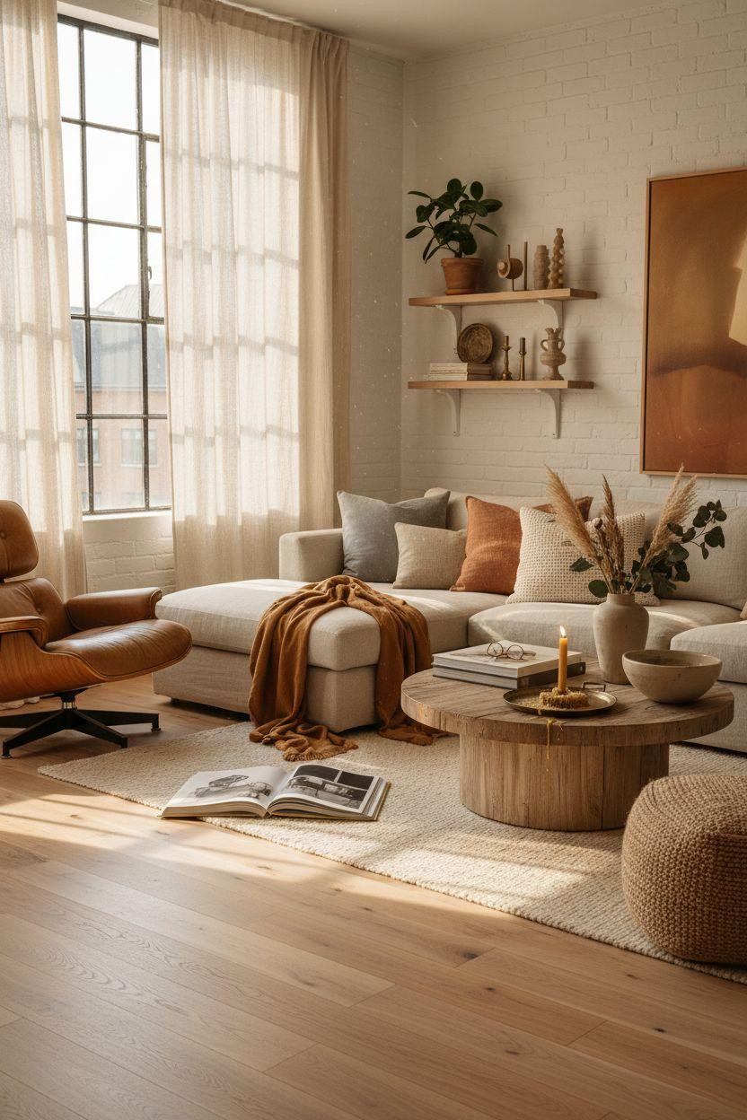 White Oak Hardwood Floors with layered rugs and eclectic cushions