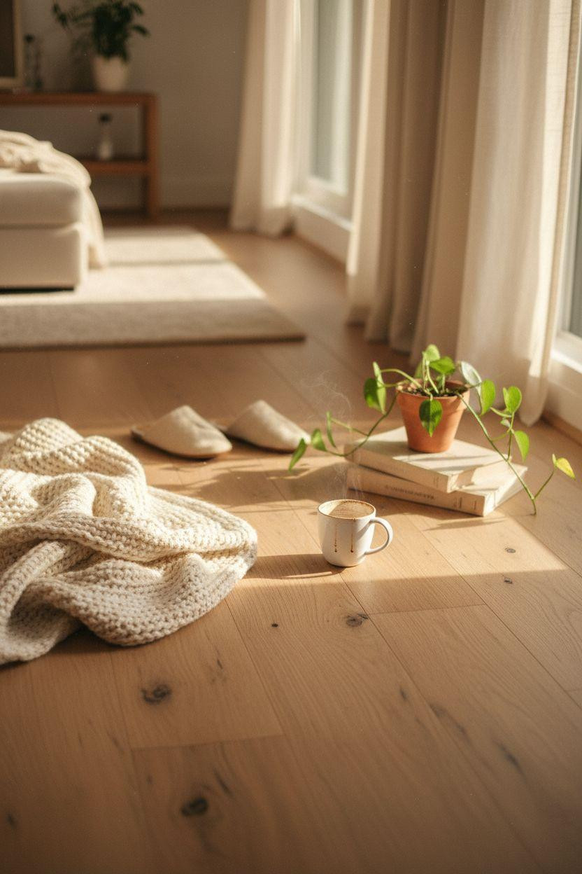 White Oak Hardwood Floors close-up with slippers and coffee mug