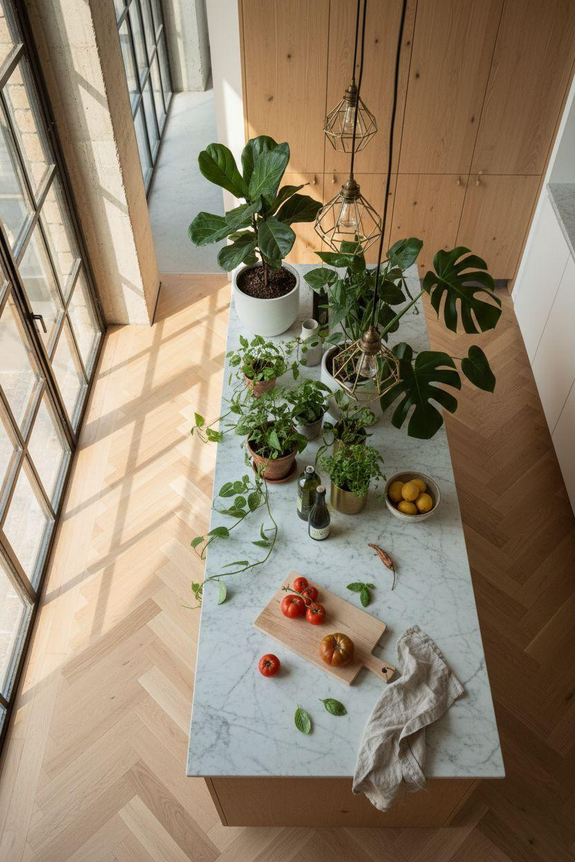 White Oak Hardwood Floors in kitchen with herringbone pattern and greenery