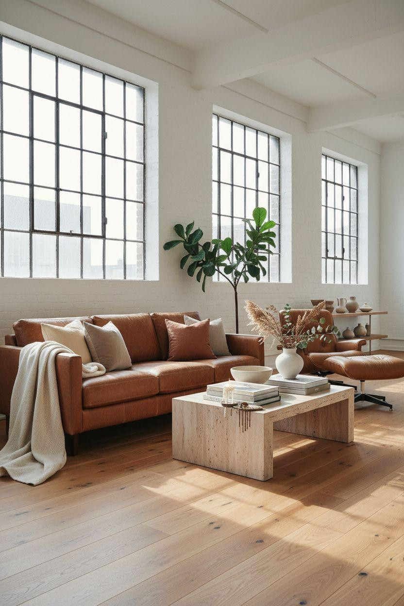 White Oak Hardwood Floors with travertine coffee table and leather sofa