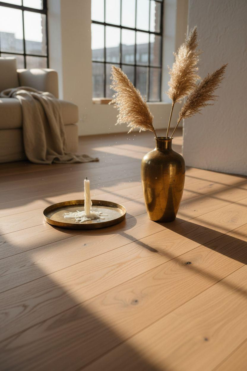 White Oak Hardwood Floors close-up with brass vase and linen throw