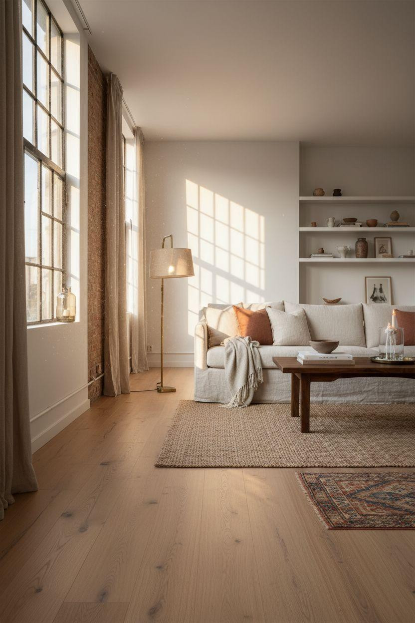White Oak Hardwood Floors in bright Scandinavian living room