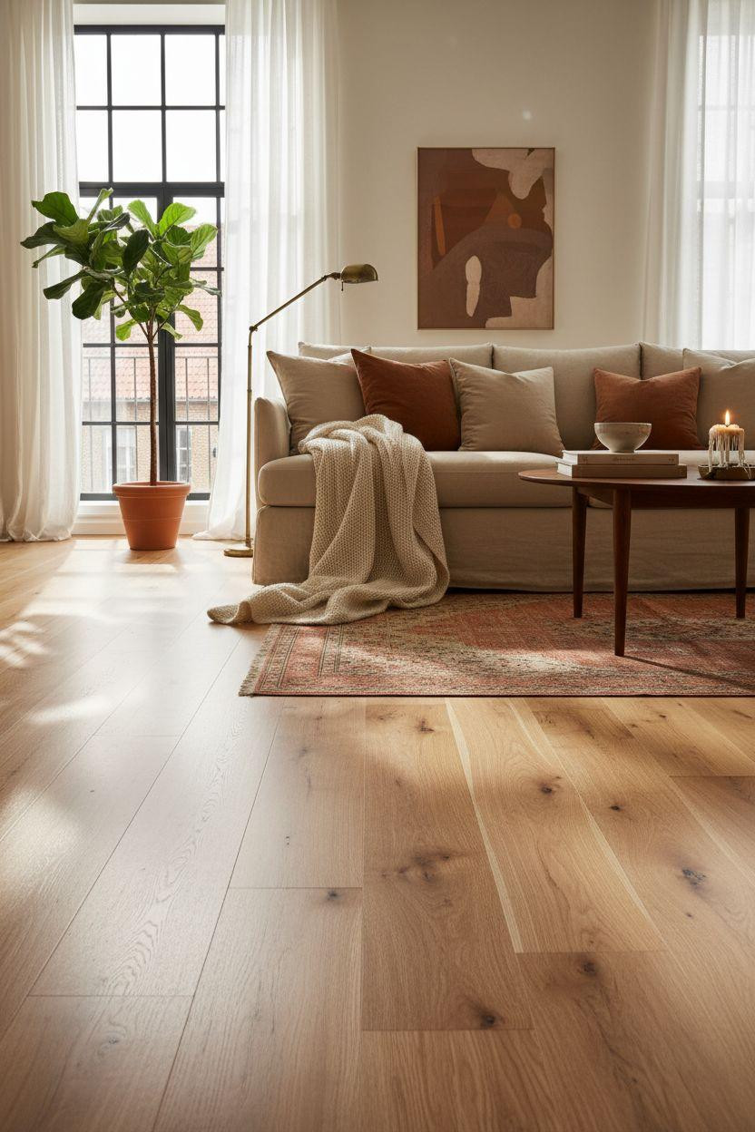 White Oak Hardwood Floors with window mullion shadows and linen sofa