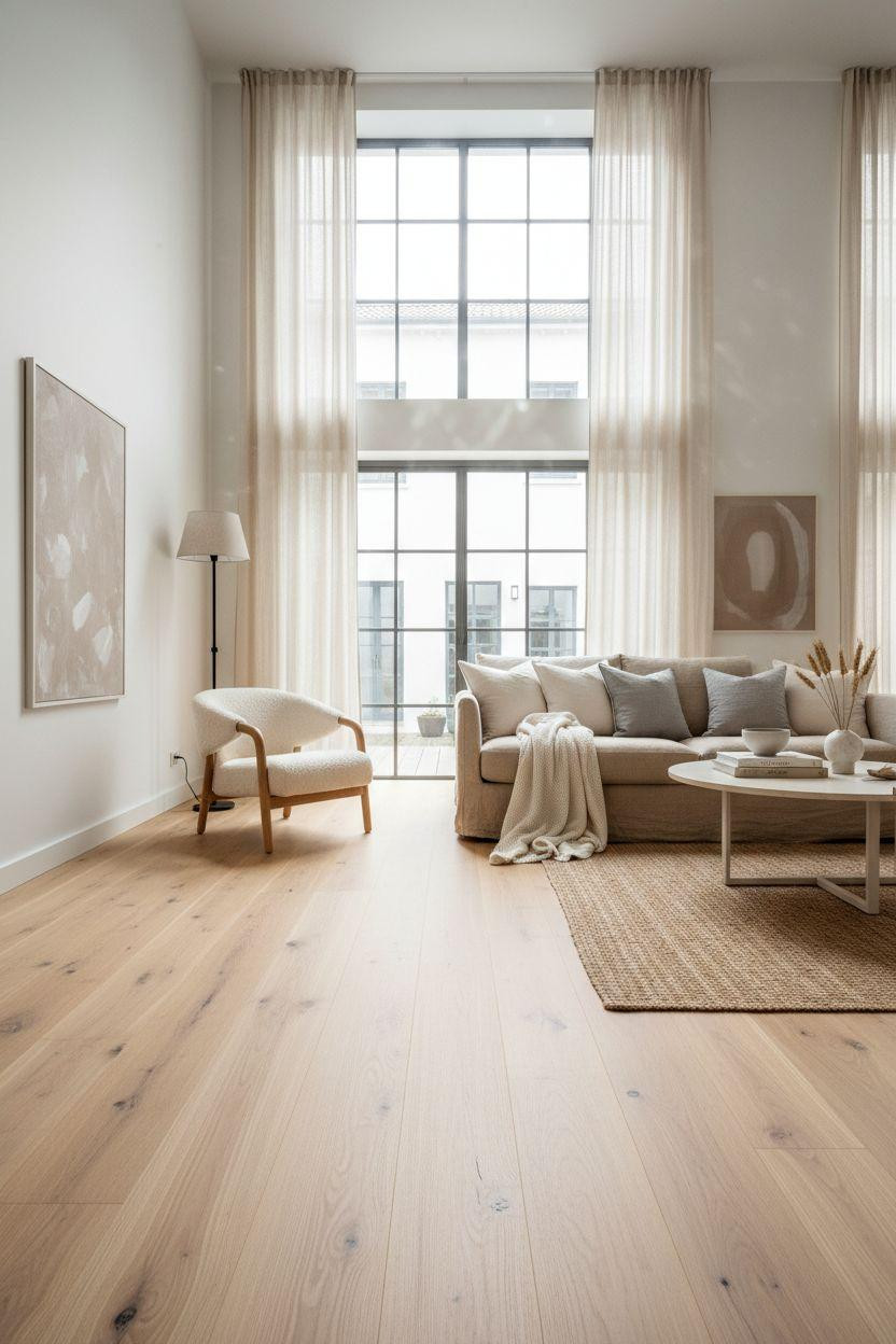 White Oak Hardwood Floors in serene loft with cream textiles