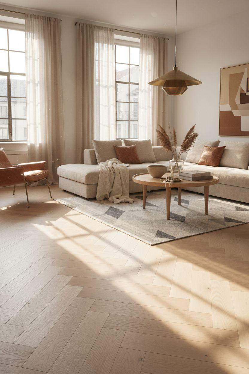 White Oak Hardwood Floors in chevron pattern with geometric pendant light