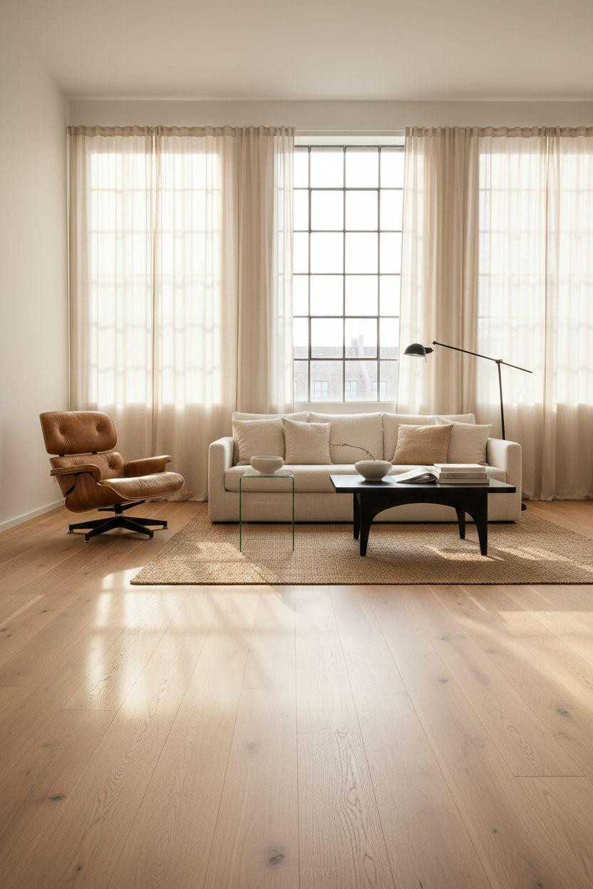 White Oak Hardwood Floors with abstract art and cognac leather chair