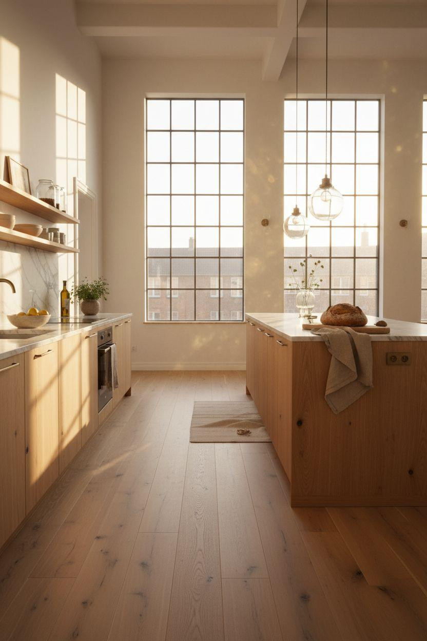 White Oak Hardwood Floors in kitchen with marble countertop and brass fixtures
