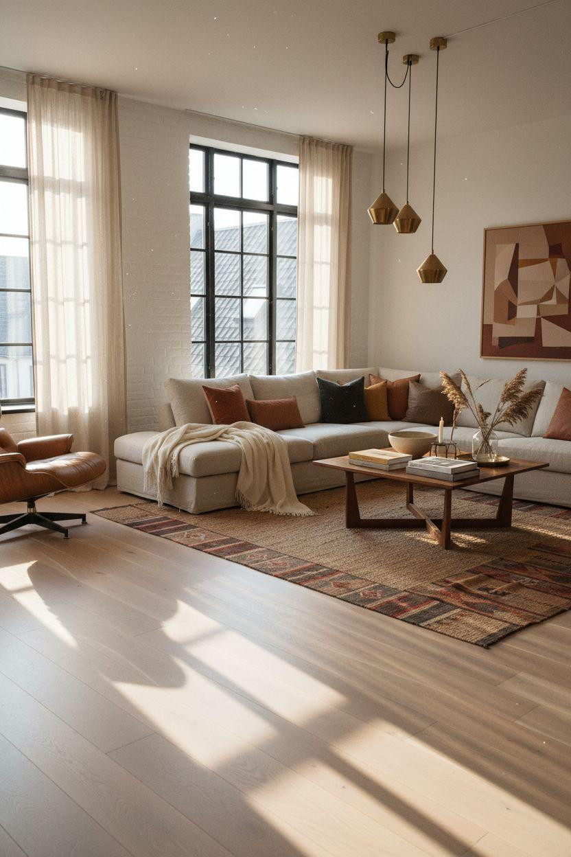 White Oak Hardwood Floors with geometric rug and brass lighting
