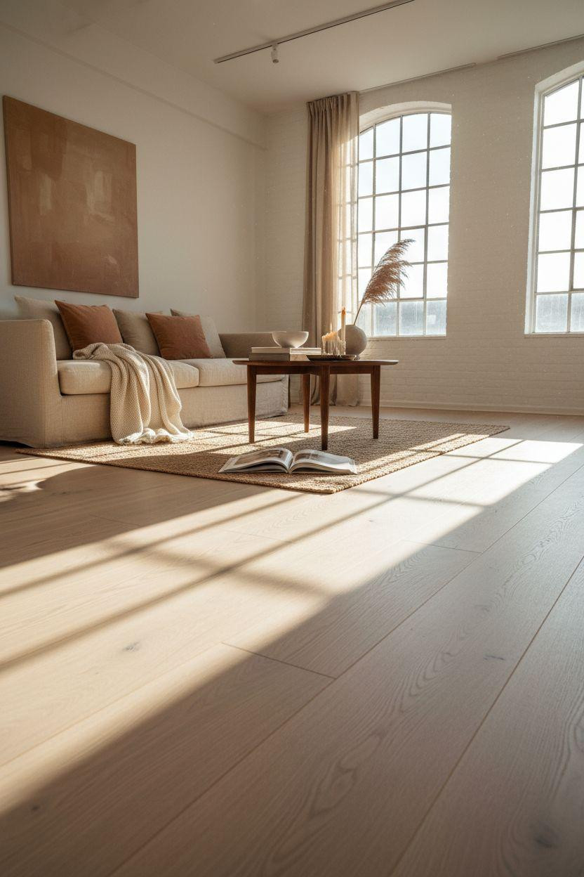 White Oak Hardwood Floors with Moroccan kilim and brass accents