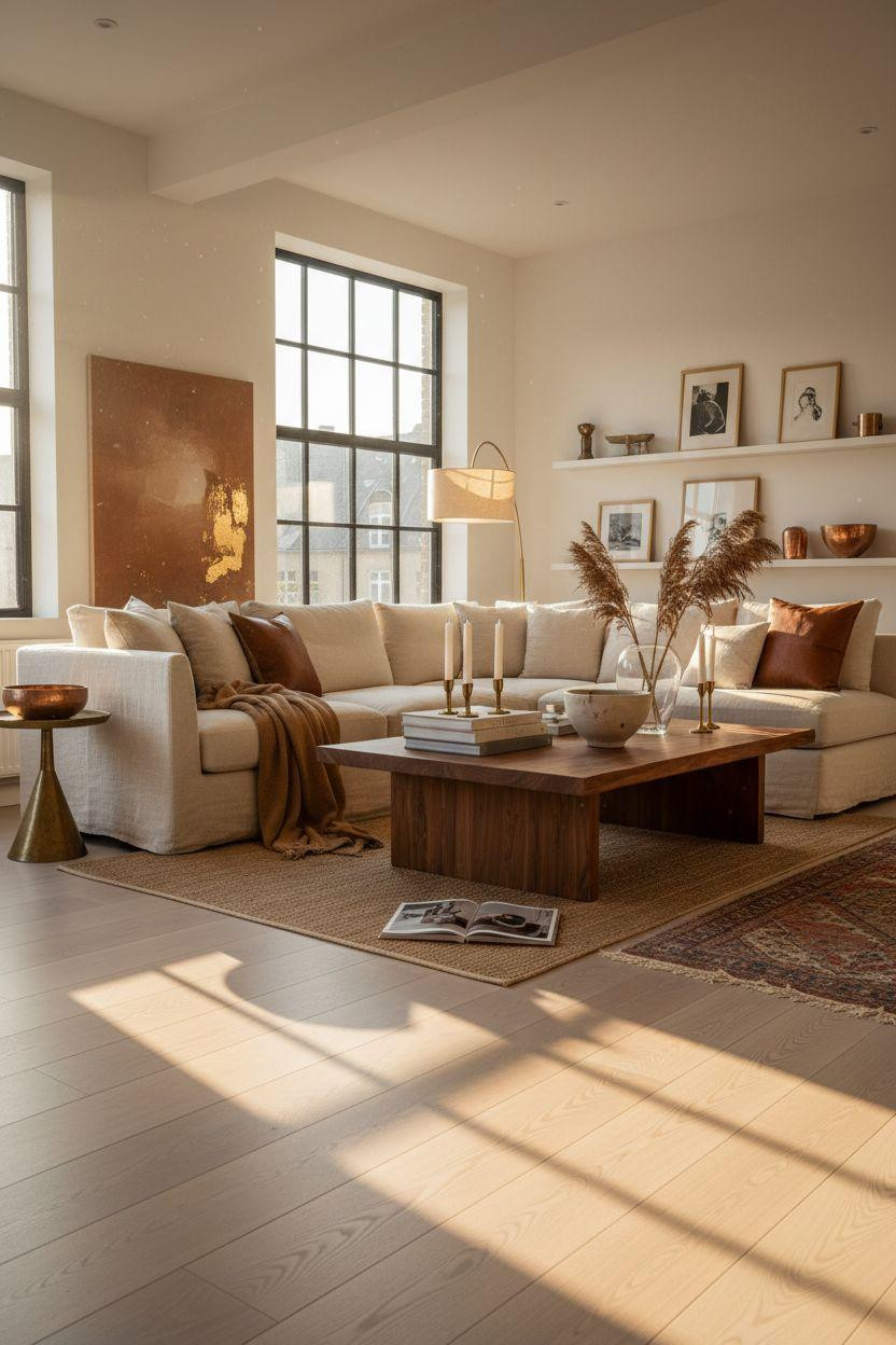 White Oak Hardwood Floors with live-edge table and brass fixtures