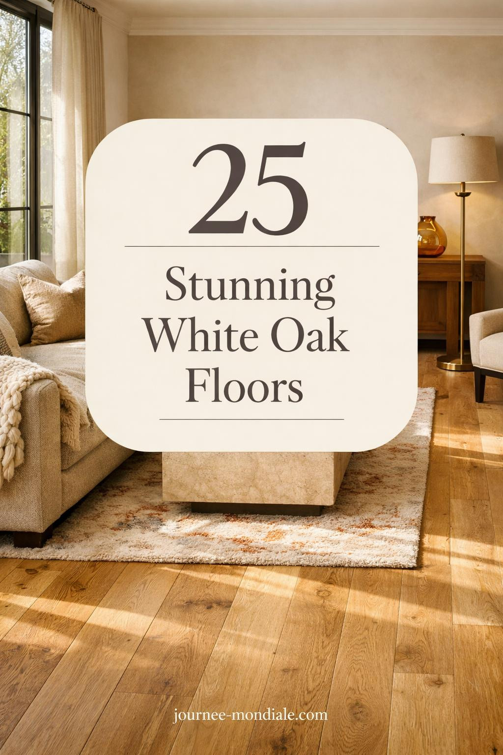 Modern living room with wide plank white oak flooring, boucle sofa, travertine coffee table, warm natural light