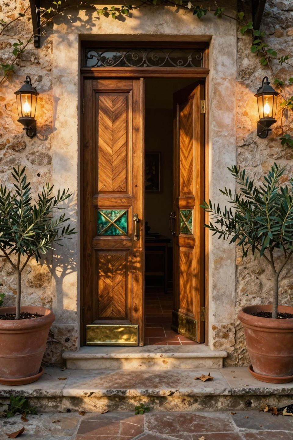 Front Door Double Doors Entrance - Tuscan villa with brass inlay