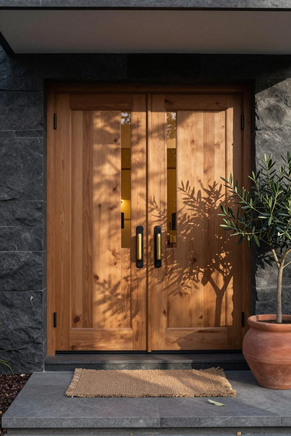 Main Door Double Door Designs - white oak with blackened steel