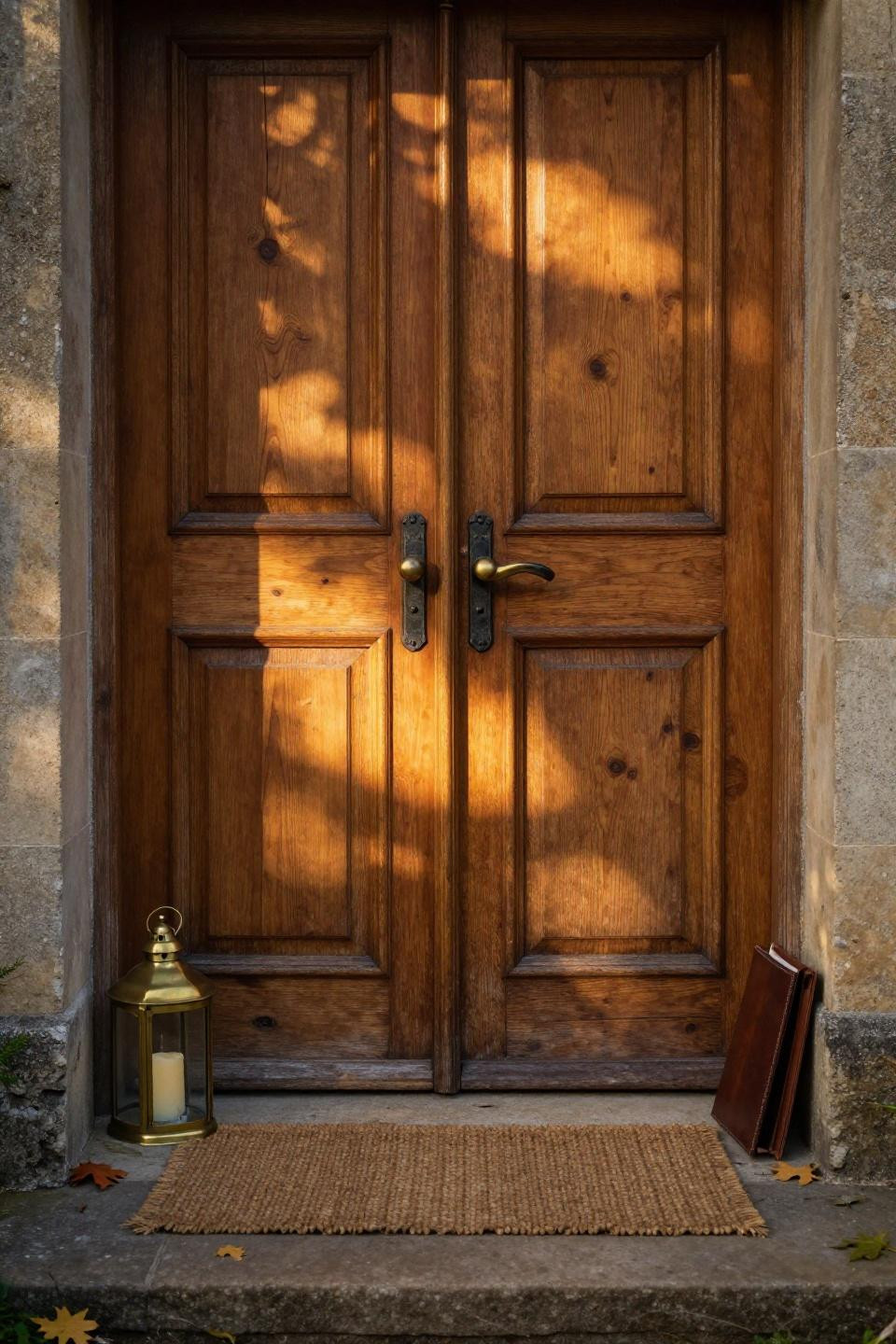 Wooden Double Door Design Entrance Front Entry - closeup of brass and oak
