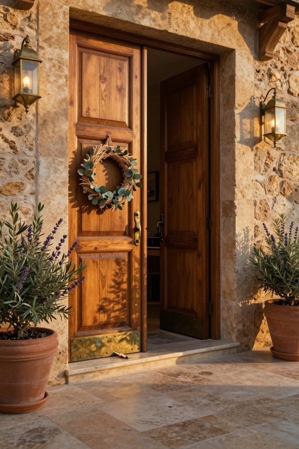 Double Doors Exterior Entrance - European oak with terracotta planters
