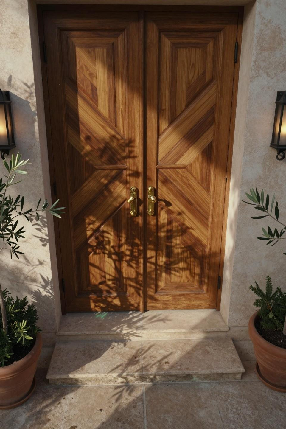 Front Double Door Design Wood Modern - geometric oak with walnut inlay