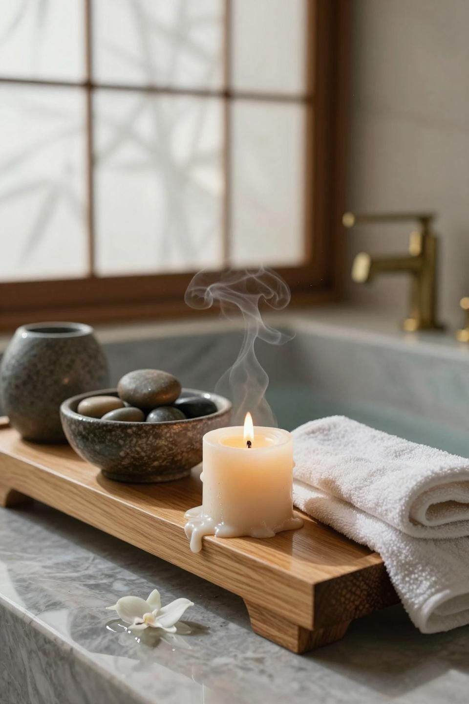 Spa home bathroom detail with wooden tray and candle