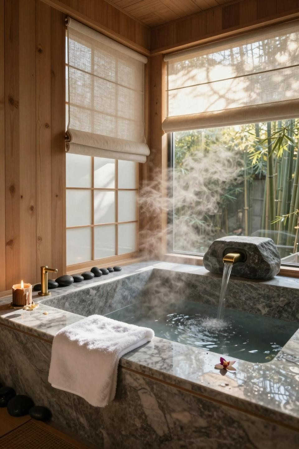 Spa home bathroom with garden views and stone tub