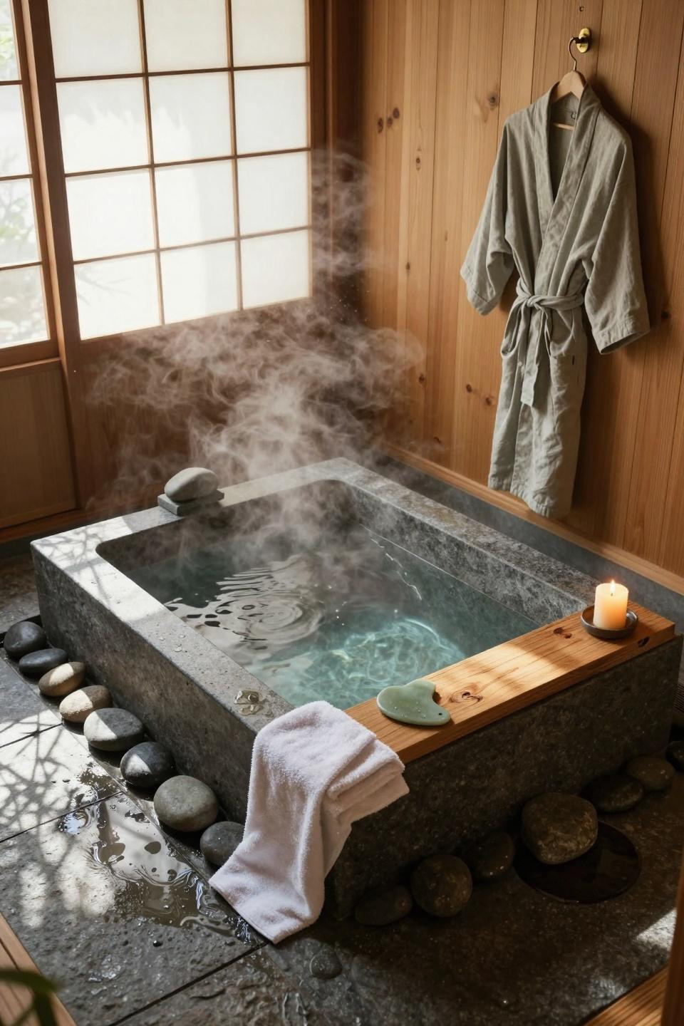 Spa home bathroom aerial view with wooden tub and stone tiles