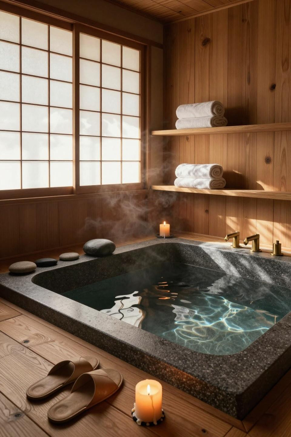 Spa home bathroom with dark stone tub and wood accents