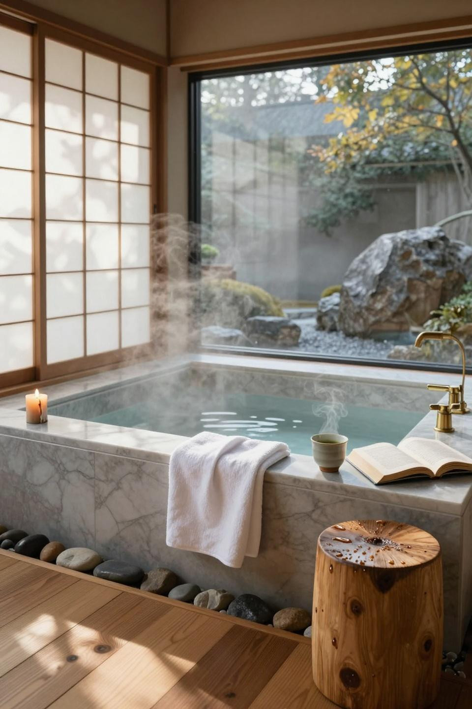 Spa home bathroom overlooking bamboo with granite tub