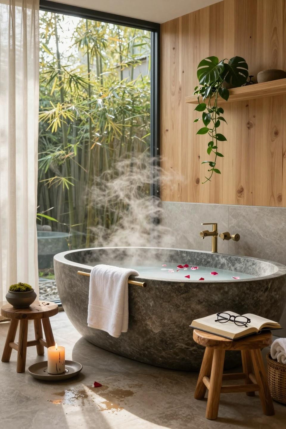 Spa home bathroom with panoramic window and natural light